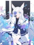  1girl absurdres animal_ear_fluff animal_ears azur_lane black_gloves blue_eyes blue_flower blue_skirt closed_mouth flower flyingkite fox_ears fox_girl gloves hands_up highres japanese_clothes kasumi_(azur_lane) kimono long_hair long_sleeves looking_at_viewer one_eye_covered pleated_skirt skirt solo thigh-highs white_hair white_kimono white_thighhighs wide_sleeves 