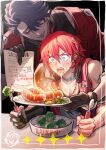  2boys ahoge belt black_gloves blue_hair blush broccoli character_name closed_mouth eating food fork gloves green_eyes hair_between_eyes highres holding holding_fork holding_paper holding_plate holding_spoon honkai:_star_rail honkai_(series) hungry looking_at_another looking_at_food luka_(honkai:_star_rail) male_focus mechanical_arms multiple_boys okammm3 open_mouth paper plate redhead saliva sampo_koski sausage short_hair single_mechanical_arm sitting smile spoon standing star_(symbol) sweatdrop teasing wide-eyed 