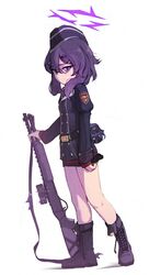  1girl bags_under_eyes blue_archive boots breasts garrison_cap gun hair_ornament hairclip haruka_(blue_archive) hat itsukarine juliet_sleeves long_sleeves military_uniform miniskirt puffy_sleeves purple_hair rifle short_hair skirt small_breasts uniform violet_eyes weapon white_background 