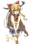  1girl :d absurdres barefoot belt black_belt blonde_hair blush bow bowtie brown_horns commentary_request ear_blush fang flat_chest foot_out_of_frame frilled_shirt frills hair_between_eyes hair_bow highres horn_bow horn_ornament horn_ribbon horns ibuki_suika leg_up long_hair looking_at_viewer low-tied_long_hair medium_bangs miniskirt open_mouth own_hands_together pointy_ears purple_ribbon purple_skirt red_bow red_bowtie ribbon seika_okawari shirt sidelocks simple_background skirt sleeveless sleeveless_shirt smile solo touhou v-shaped_eyebrows very_long_hair white_background white_shirt wrist_cuffs yellow_eyes 