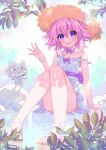  1girl bare_legs bare_shoulders binato_lulu bracelet dress hair_between_eyes hair_ornament happy hat highres jewelry looking_at_viewer neck_ribbon neptune_(neptune_series) neptune_(series) pink_hair purple_ribbon ribbon shirt shoes short_hair signature sitting sleeveless smile solo straw_hat violet_eyes 