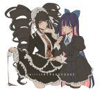  2girls artist_name black_nails black_thighhighs bonnet brown_hair celestia_ludenberg criis-chan cup danganronpa:_trigger_happy_havoc danganronpa_(series) dress drill_hair earrings food frilled_dress frilled_skirt frills gothic_lolita holding holding_cup holding_plate holding_utensil jacket jewelry layered_skirt lolita_fashion long_hair long_sleeves looking_at_viewer multiple_girls nail_polish necktie panty_&amp;_stocking_with_garterbelt plate red_eyes red_necktie shirt simple_background skirt smile spilling stocking_(psg) thigh-highs twin_drills twintails utensil_in_mouth white_background zettai_ryouiki 