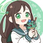 1girl :d airi_(blue_archive) blue_archive blue_sailor_collar blush brown_hair commentary_request food food-themed_hair_ornament green_background green_eyes hair_ornament halo holding holding_food ice_cream ice_cream_cone ice_cream_hair_ornament long_hair long_sleeves looking_at_viewer one_side_up onyhakase puffy_long_sleeves puffy_sleeves sailor_collar school_uniform serafuku shirt smile solo two-tone_background upper_body very_long_hair white_background white_shirt 