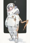  1girl black_background blue_hair closed_mouth commentary_request full_body gloves grey_background hairband helmet highres looking_at_viewer original red_eyes shadow solo space_helmet spacesuit standing two-tone_background white_gloves white_hairband yunar 