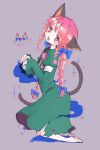  1girl animal_ears barefoot braid cat_ears cat_tail commentary_request dress full_body green_dress grey_background highres juliet_sleeves kaenbyou_rin long_hair long_sleeves looking_at_viewer m_(m073111) multiple_tails nekomata open_mouth puffy_sleeves red_eyes redhead side_braids simple_background solo tail torn_clothes torn_dress touhou twin_braids two_tails 