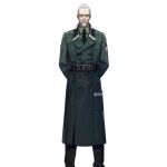  1boy arms_behind_back artist_request beard belt black_belt black_necktie black_pants buttons closed_mouth coat double-breasted facial_hair feet_out_of_frame general_carter_(girls&#039;_frontline) girls_frontline green_coat green_shirt kcco_(girls&#039;_frontline) long_coat long_sleeves looking_at_viewer male_focus necktie official_art old old_man pants redrawn shirt short_hair simple_background solo standing transparent_background white_hair 