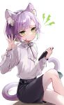  1girl animal_ear_fluff animal_ears black_skirt cat_ears cat_girl cat_tail commission crossed_legs flat_chest green_eyes green_hair highres indie_virtual_youtuber long_sleeves looking_at_viewer multicolored_hair office_lady purple_hair redrabbit44 second-party_source shirt short_hair shwaa sitting skeb_commission skirt tablet_pc tail two-tone_hair virtual_youtuber white_shirt 