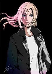  1girl 2021 aya_brea black_background black_jacket blonde_hair blue_eyes closed_mouth highres jacket long_hair looking_at_viewer parasite_eve sakuraba_hiro signature simple_background solo 