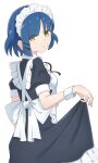  1girl absurdres alternate_costume apron black_dress blue_hair bocchi_the_rock! closed_mouth commentary_request cowboy_shot dress enmaided frilled_apron frills from_behind highres light_smile looking_at_viewer looking_back maid maid_apron maid_headdress mimori_(mimori_05) mole mole_under_eye puffy_short_sleeves puffy_sleeves short_hair short_sleeves simple_background skirt_hold solo standing white_apron white_background wrist_cuffs yamada_ryo yellow_eyes 