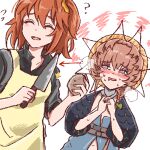  2girls ? apron arrow_(symbol) belt black_shirt black_sleeves blue_eyes blue_overalls blush braid brown_hair buckle closed_eyes clothing_cutout collared_shirt crown_braid drooling fate/grand_order fate_(series) flat_chest food fujimaru_ritsuka_(female) holding holding_food holding_knife imminent_suicide knife looking_at_object multiple_girls navel navel_cutout open_mouth orange_hair orange_headwear orange_scrunchie overalls own_hands_clasped own_hands_together potato puffy_sleeves red_pupils scrunchie shimogamo_(shimomo_12) shirt side_braid star_(symbol) steam striped striped_headwear sweatdrop tongue upper_body van_gogh_(fate) yellow_apron 