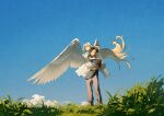 1boy 1girl absurdly_long_hair black_pants blonde_hair blue_eyes blue_sky brown_eyes carrying carrying_person day dress feathered_wings grass long_hair original outdoors pants potg_(piotegu) short_sleeves sky very_long_hair white_dress white_wings wind wings 