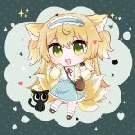  1girl animal_ear_fluff animal_ears ankle_socks arknights bag black_cat blonde_hair blue_hairband blue_skirt bobby_socks brown_bag brown_footwear cardigan cat chibi chinese_commentary commentary_request crossover fox_ears fox_girl fox_tail frilled_hairband frills full_body green_eyes hairband handbag hands_up heart heixiu highres kitsune kyuubi long_sleeves luo_xiaohei luo_xiaohei_zhanji multiple_tails neck_ribbon official_alternate_costume open_cardigan open_clothes open_mouth red_ribbon ribbon round_bag shirt shoes shoulder_bag skirt socks sparkle suzuran_(arknights) suzuran_(spring_praise)_(arknights) tail two_side_up white_shirt white_socks xia_xia_xia_xi_tuanzi yellow_cardigan 