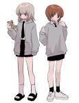  2girls alternate_costume black_footwear black_necktie black_skirt black_socks blue_eyes boko_(girls_und_panzer) brown_eyes brown_hair closed_mouth dress_shirt frown girls_und_panzer grey_hair grey_hoodie grey_sweater holding holding_stuffed_toy hood hood_down hoodie itsumi_erika long_sleeves looking_at_viewer looking_to_the_side medium_hair miniskirt multiple_girls necktie nishizumi_miho open_clothes open_hoodie ri_(qrcode) sandals school_uniform shirt shoes short_hair simple_background skirt sleeves_past_fingers sleeves_past_wrists sneakers socks standing stuffed_animal stuffed_toy sweater teddy_bear white_background white_footwear white_shirt white_socks wing_collar 