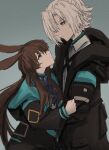  1boy 1girl amiya_(arknights) animal_ears arknights black_jacket blue_background blue_eyes brown_hair collared_shirt commentary doctor_(arknights) eye_contact grey_eyes grey_hair hair_between_eyes hair_over_one_eye highres hood hood_down hooded_jacket jacket long_hair looking_at_another low_ponytail lumirumi open_clothes open_jacket ponytail rabbit_ears shirt simple_background very_long_hair white_shirt 