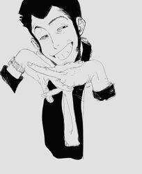  1boy arm_hair arsene_lupin_iii bags_under_eyes blending dcanine_(blackdo70460708) fingernails grin highres interlocked_fingers knuckle_hair long_sideburns long_sleeves lupin_iii male_focus monochrome necktie short_hair sideburns sketch smile squinting watch watch 