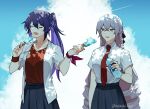  2girls black_skirt bottle bronya_rand closed_eyes collared_shirt commentary drill_hair food grey_eyes grey_hair highres holding holding_bottle holding_food holding_ice_cream honkai:_star_rail honkai_(series) ice_cream long_hair multiple_girls natsuki_(2917) necktie open_mouth pleated_skirt ponytail purple_hair red_necktie red_shirt red_wristband seele_(honkai:_star_rail) shirt shirt_tucked_in short_sleeves skirt symbol-only_commentary twin_drills twitter_username very_long_hair water_bottle white_shirt 