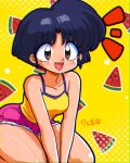  1girl blue_hair blush breasts food fruit happy open_mouth pink_shorts ranma_1/2 short_hair shorts signature solo tendou_akane wanta_(futoshi) watermelon yellow_background 