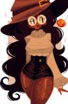  1girl artist_name auri_(xoauri) dark-skinned_female dark_skin fishnets glasses hat highres jack-o&#039;-lantern long_hair non-web_source original pumpkin shorts smile thick_thighs thighs witch_hat 