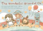  1girl 3boys animal artist_name blue_dress blue_headwear bow braid brown_hair clouds copyright_name cowardly_lion dog dorothy_gale dress english_text lion multiple_boys overalls rainbow red_bow scarecrow_(twooz) short_hair star_(symbol) stitched_mouth stitches suzuki_itokichi the_wizard_of_oz tin_man toto_(twooz) 