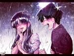  1boy 1girl black_hair closed_eyes happy highres komi-san_wa_komyushou_desu komi_shouko laughing long_hair oda_tomohito open_mouth rain shirt smile tadano_hitohito wet wet_clothes wet_shirt white_shirt yyiek? 