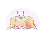  1girl battery_indicator blonde_hair bow cat_hair_ornament chibi closed_eyes danganronpa_(series) danganronpa_2:_goodbye_despair exhausted green_bow hair_bow hair_ornament japanese_clothes kimono lying on_stomach open_mouth orange_kimono pink_background saionji_hiyoko shizhong_wu_di_fushang solo twintails white_background 