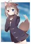  1girl animal_ears black_coat black_collar black_shorts blue_eyes brown_hair coat collar commission dog_ears dog_girl dog_tail ear_down hasuki_rui heterochromia highres hood hood_down hooded_coat indie_virtual_youtuber light_brown_hair long_sleeves looking_at_viewer multicolored_hair nkgmgs red_eyes second-party_source short_hair shorts skeb_commission sleeves_past_wrists tail two-tone_hair unaligned_ears virtual_youtuber 