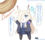  1girl animal_ear_fluff animal_ears armband arms_up black_jacket blonde_hair blue_archive blue_eyes blue_halo blue_necktie blue_shirt chibi collared_shirt commentary_request dog_ears full_body hair_over_one_eye halo jacket kanna_(blue_archive) necktie open_mouth pencil_skirt police police_uniform policewoman purple_armband rate_world_mk1 shirt simple_background skirt solo standing translation_request twitter_username uniform white_background 