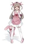  &gt;_&lt; 1girl :d apron bandaged_wrist bandages blush collared_dress dress full_body gominami hair_ornament hand_up hat heart heart_print highres holding holding_stuffed_toy knife light_brown_hair long_hair looking_at_viewer natori_sana nurse_cap open_mouth pink_apron pink_footwear pink_headwear pocket puffy_short_sleeves puffy_sleeves rabbit_hair_ornament red_eyes sana_channel short_sleeves simple_background slippers smile solo standing stuffed_animal stuffed_rabbit stuffed_toy thigh-highs two_side_up virtual_youtuber white_background white_dress white_thighhighs 