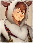  1boy animal_costume animal_ears antlers brown_hair character_request deer_ears facial_hair frozen_(disney) goatee gradient_hair grey_hair hair_between_eyes hood hood_up kiri_futoshi long_sideburns looking_at_viewer male_focus multicolored_hair portrait raised_eyebrows reindeer_antlers reindeer_costume short_hair sideburns smile solo thick_eyebrows 