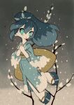  1girl blue_eyes blue_hair blue_kimono branch eyelashes fubukihime full_body hair_between_eyes japanese_clothes kimono long_hair multicolored_hair nonana_(mikudrop) open_mouth sandals snow solo two-tone_hair youkai_watch 