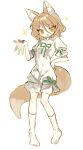  1girl absurdres animal_ears blonde_hair fox_ears fox_tail full_body green_ribbon highres holding kudamaki_tsukasa open_mouth ribbon romper short_hair short_sleeves simple_background smile socks solo springarashi02 tail test_tube touhou unfinished_dream_of_all_living_ghost white_background white_romper white_socks yellow_eyes 