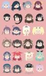  6+girls absurdres ahoge akebono_(kancolle) beret bismarck_(kancolle) black_hair black_ribbon blonde_hair bow brown_hair double_bun gambier_bay_(kancolle) glasses green_hair grey_hair haguro_(kancolle) hair_bow hair_bun hair_over_one_eye hair_ribbon hairband hat hatsukaze_(kancolle) hatsushimo_(kancolle) hayashimo_(kancolle) headband highres jintsuu_(kancolle) kamikaze_(kancolle) kantai_collection kasumi_(kancolle) kawakaze_(kancolle) kawakaze_kai_ni_(kancolle) long_hair minimalism multiple_girls myoukou_(kancolle) nachi_(kancolle) naka_(kancolle) ooyodo_(kancolle) open_mouth pink_background ponytail ribbon richelieu_(kancolle) sendai_(kancolle) shiranui_(kancolle) short_hair side_ponytail simple_background solid_circle_eyes suzukaze_(kancolle) takao_(kancolle) tsuji_kazuho twintails two_side_up ushio_(kancolle) yamakaze_(kancolle) yuudachi_(kancolle) yuudachi_kai_ni_(kancolle) 