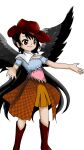  1girl black_hair black_wings blue_shirt blush_stickers boots brown_footwear brown_headwear brown_skirt closed_mouth feathered_wings hat kurokoma_saki long_hair non-web_source official_art pegasus_wings red_eyes shirt short_sleeves skirt smile solo touhou transparent_background unfinished_dream_of_all_living_ghost wings zun_(artist) 