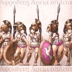  ancient_greek_clothes armor aspis barefoot brown_eyes brown_hair corinthian_helmet curly_hair greaves hand_on_another&#039;s_ass highres holding_hands hoplite hoplite_(centurii-chan) ironlily leaning looking_at_viewer looking_back multiple_girls original plume polearm spear sword weapon yuri 