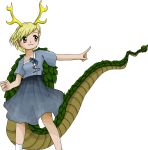  1girl blonde_hair blue_shirt blush_stickers closed_mouth dragon_horns dragon_tail grey_skirt horns kicchou_yachie non-web_source official_art shirt short_hair skirt smile socks solo tail touhou transparent_background turtle_shell unfinished_dream_of_all_living_ghost white_socks yellow_eyes yellow_horns zun_(artist) 