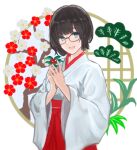  1girl :d akito1218 black_hair flower glasses green_eyes hakama holding japanese_clothes kimono looking_at_viewer miko open_mouth original red_flower red_hakama short_hair simple_background smile solo upper_body white_background white_flower white_kimono 