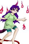  1girl barefoot blush_stickers closed_mouth green_shirt green_shorts horns long_hair mirrored_text non-web_source official_art purple_hair purple_horns red_eyes shirt short_sleeves shorts single_horn smile solo tail tenkajin_chiyari test_tube touhou transparent_background unfinished_dream_of_all_living_ghost zun_(artist) 