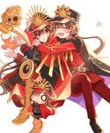 belt brother_and_sister cape family_crest fate/grand_order fate_(series) fiery_hair gloves hair_between_eyes haniwa_(statue) hat heart hi_(wshw5728) highres long_hair long_sleeves low_ponytail military_hat military_uniform oda_nobukatsu_(fate) oda_nobunaga_(fate) oda_uri open_mouth peaked_cap ponytail red_cape red_eyes siblings simple_background sweatdrop twitter_username uniform very_long_hair white_background white_gloves 