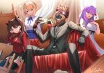  1boy 3girls absurdres ahoge aqua_eyes archer_(fate) artoria_pendragon_(fate) black_gloves black_jacket black_pants black_shirt black_skirt black_thighhighs blonde_hair blue_skirt braid braided_bun breasts broken broken_furniture brown_hair chair closed_mouth commentary_request cross crossover curtains dark-skinned_male dark_skin dress fate/stay_night fate_(series) gloves green_eyes hair_bun headphones highres horse_mask jacket knives_out latin_cross light_particles long_hair long_sleeves mask matou_sakura medium_breasts messy_room miniskirt mishiro_(ixtlolton) multiple_girls neck_ribbon official_art pants purple_hair red_shirt ribbon saber shirt sitting skirt smile spiky_hair thigh-highs tohsaka_rin turtleneck two_side_up violet_eyes white_dress white_hair white_shirt zettai_ryouiki 