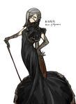  1girl black_dress black_gemstone black_gloves breasts cane closed_mouth dress evening_gown gloves grey_hair lobotomy_corporation long_hair mask_over_one_eye medium_breasts mirror_of_adjustment nishikujic personification project_moon smile solo yellow_eyes 