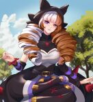  1girl absurdres animal_ears artist_name belt black_dress blue_eyes breasts brown_hair dagikatt day detached_sleeves dress drill_hair fake_animal_ears gwen_(league_of_legends) heterochromia highres large_breasts league_of_legends looking_at_viewer multicolored_hair outdoors red_eyes smile solo soul_fighter_gwen striped_sleeves teeth tree twin_drills twintails white_dress white_hair 