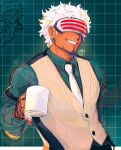  1boy ace_attorney aqua_shirt buttons collared_shirt covered_eyes cup dark-skinned_female dark_skin earrings facial_hair facing_viewer godot_(ace_attorney) green_background grin head-mounted_display highres holding holding_cup jewelry long_sleeves male_focus messy_hair messyinklines necktie pinstripe_pattern pinstripe_vest shirt short_hair sleeve_garter smile solo striped upper_body vest white_hair white_necktie yellow_vest 