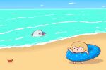  ._. 2girls :d absurdres asphyxiation beach blonde_hair blue_hair blue_hoodie blue_sky clouds commentary crab drowning gawr_gura grey_hair hair_ornament highres hololive hololive_english hood hoodie horizon innertube lying multicolored_hair multiple_girls ocean on_stomach outdoors partially_submerged phdpigeon pointing pointing_at_another shark_hair_ornament sky smile smol_ame smol_gura solid_circle_eyes streaked_hair symbol-only_commentary twintails watson_amelia 