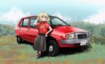  1girl :3 arm_behind_head artist_name belt black_belt black_footwear blonde_hair blush brown_eyes citroen clouds colored_inner_hair green_hair grey_skirt highres hikageno multicolored_hair original red_shirt shadow shirt shirt_tucked_in short_hair skirt sky smile solo vehicle_focus vehicle_request 