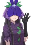  1girl absurdres black_gloves black_hair breasts china_dress chinese_clothes covered_eyes dress elbow_gloves flower flower_on_head gloves hand_up highres long_hair purple_dress purple_flower restra25 sidelocks simple_background smile solo touhou upper_body vine_print violet_eyes white_background yomotsu_hisami 
