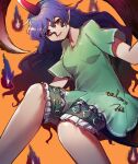  1girl absurdres breasts clothes_writing feet_out_of_frame green_shirt green_shorts highres horns long_hair open_mouth orange_background pointy_ears purple_hair red_eyes red_horns shirt shishui_guima short_sleeves shorts simple_background single_horn small_breasts solo tail tenkajin_chiyari touhou unfinished_dream_of_all_living_ghost 