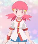 :3 akane_(pokemon) bangs black_shirt blue_shorts buttons cloud_background cute eyelashes hair_ornament hairclip highres looking_at_viewer multicolored_background pink_eyes pink_hair shorts smile solo twintails white_jacket whitney_(pokemon)