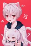  1boy animal_ears barcode barcode_tattoo black_hoodie cat_boy cat_ears character_doll fang highres hood hoodie indie_utaite long_sleeves looking_at_viewer mafumafu male_focus niconico open_mouth pink_background red_eyes sarin_(seoling) smile solo tattoo tears utaite white_hair 
