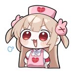  &gt;_&lt; 1girl :3 :d =3 apron blonde_hair blush blush_stickers chibi collared_dress dress hair_ornament hat heart heart_print highres junsuina_fujunbutsu long_hair looking_at_viewer natori_sana nurse_cap open_mouth pink_apron pink_headwear puffy_short_sleeves puffy_sleeves rabbit_hair_ornament red_eyes sana_channel short_sleeves simple_background smile solo two_side_up upper_body virtual_youtuber white_background white_dress 