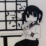  1girl absurdres black_eyes branch collared_shirt cup drinking_straw explosion_psycho haguruma_hasami highres holding holding_cup holding_straw leaf long_skirt long_sleeves medium_hair monochrome open_mouth original sailor sailor_collar shirt sitting skirt sleeves_past_wrists table traditional_media twintails white_shirt window 